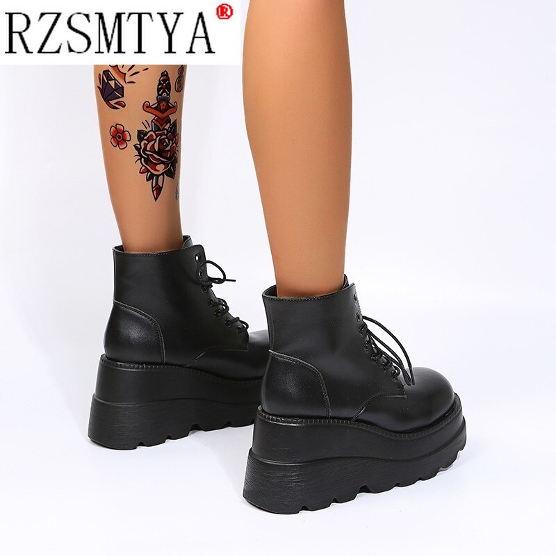 Brand Design Street Cool Fashion Black Gothic Style Boots High Heels Platform Wedges Woman Shoes Casual Ankle Boots Big Size