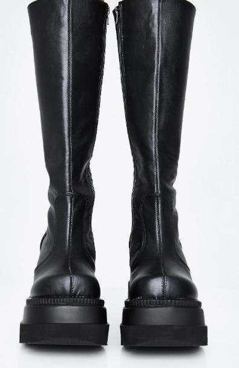 Thick Bottom Women&#39;s Boots Autumn New Muffin Soled Soft Leather Mid-calf Boots Punk Style Women Black Riding Boots Platform Shoe