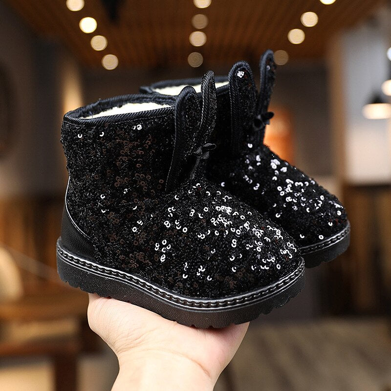 Fashion Bling Glitter Princess Cute Rabbit Toddler Short Boots Non-slip Plush Warm Snow Boots for Kids Winter Casual Shoes