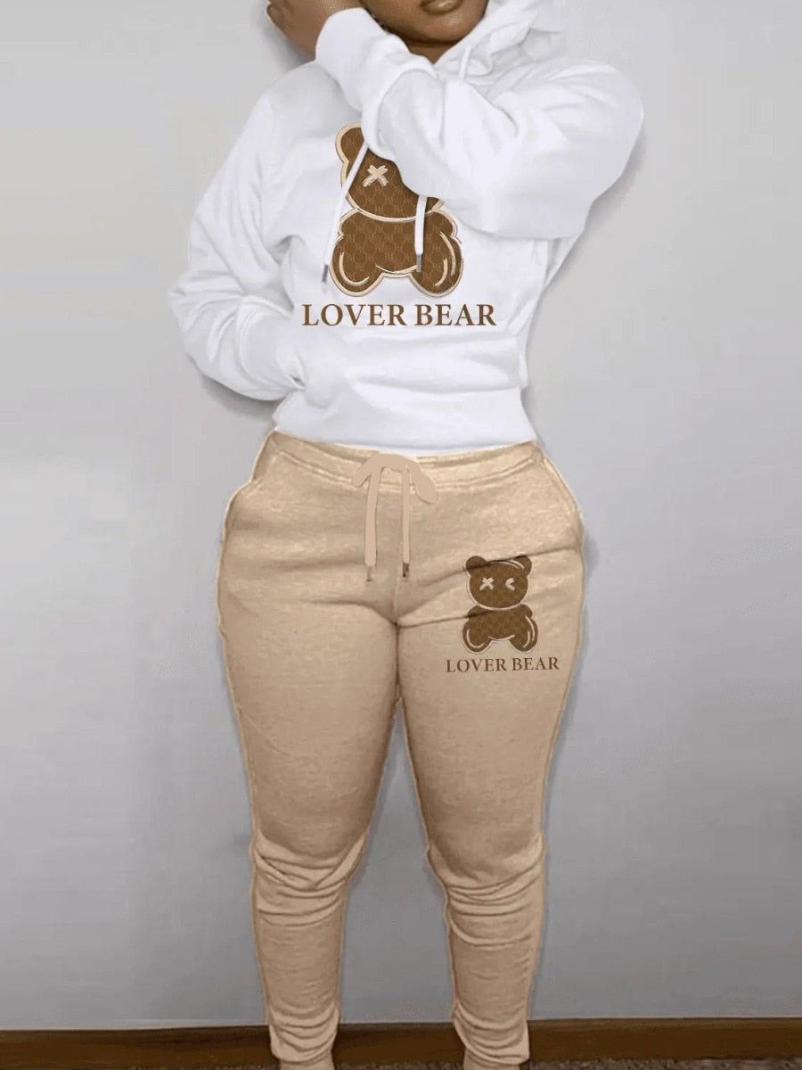 Lw Lovely Bear Letter Print Kangaroo Pocket Tracksuit Set Long Sleeve Hoodie+drawstring Trousers Women Two Pieces Matching Suits