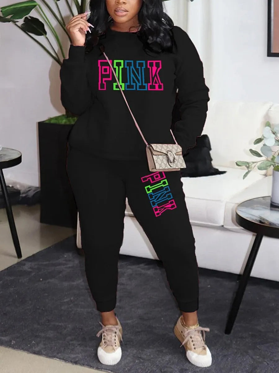 LW Plus Size Two pices set Fleece Pink Letter Print Pants Set Tracksuits Women Two Piece Set Suits Casual 2pcs Outfits