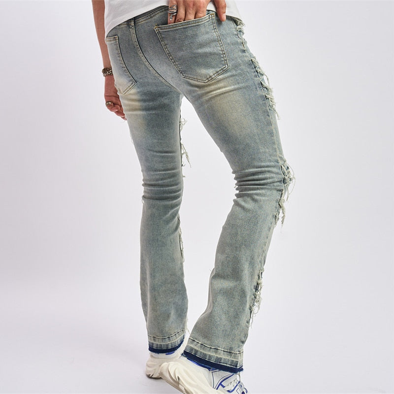 Y2K Style Streetwear Mens Denim Pants New Fashion Ripped Patchwork Design Slim Straight Jeans Autumn Men Vintage Jean Trousers
