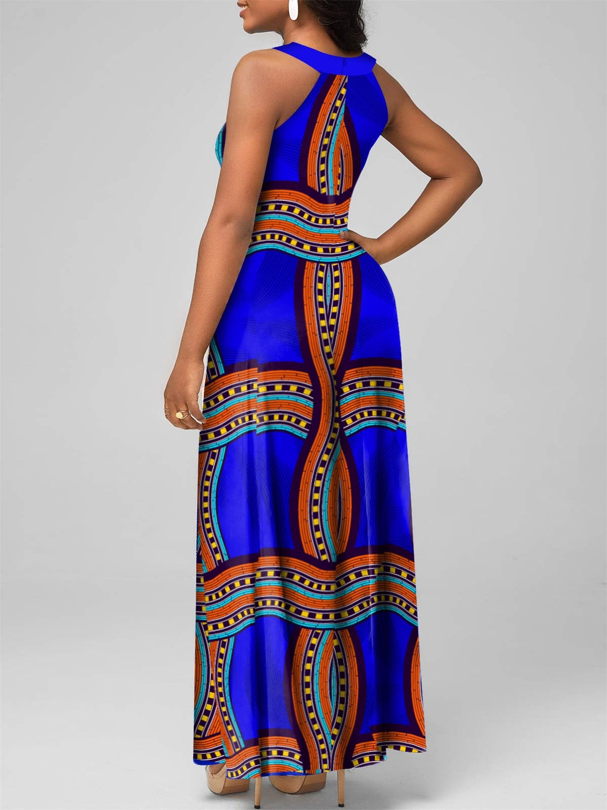 LW Boho Tribal Geometric Print Dresses Striped Cut Out Halter Neck Design Elegant Sleeveless A Line Ankle Length Maxi Dress