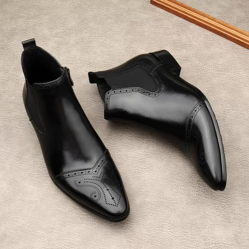 Luxury Formal Ankle Boots Man Shoes Black Pointed Toe Genuine Leather Casual Dress Mens Boots Office Chelsea Boots Men Zipper