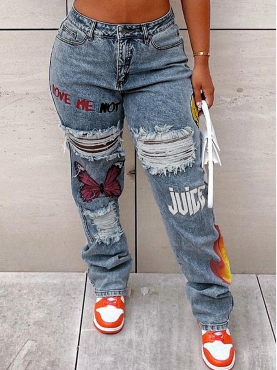 LW Plus Size Butterfly Letter Print Ripped Jeans Women Large Size Denim Fashion Straight Pants Streetwears Trousers(2 Colors)