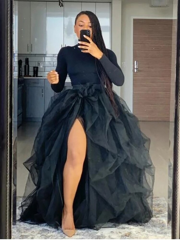 Casual High Waist Elastic Women Dress Mesh Puffy Tiered Party Robe Irregular Ball Gown Lady Tulle Skirt 2022 Club Clothes XL-5XL