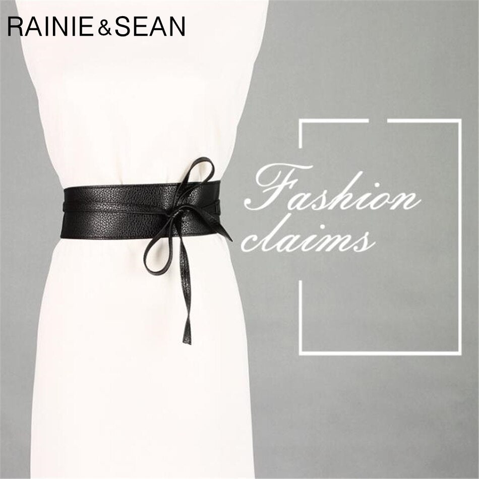 RAINIE SEAN Women Pu Leather Belt Soft Leather Wide Self Tie Wrap Wedding Designer Brand Ladies Belts For Dresses