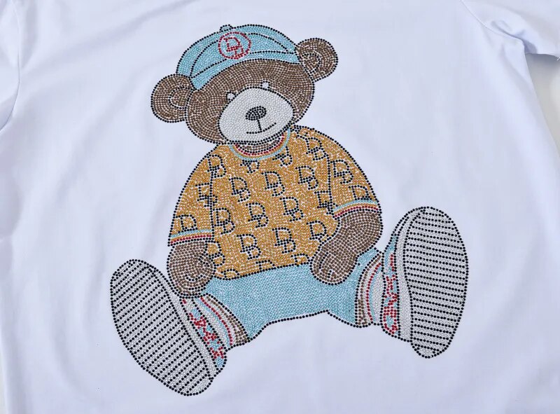 Fashion Cartoon Bear Rhinestones T Shirts Women Clothes Streetwear O Neck Ladies Short Sleeve Tshirts Womens Top Tees Plus Size