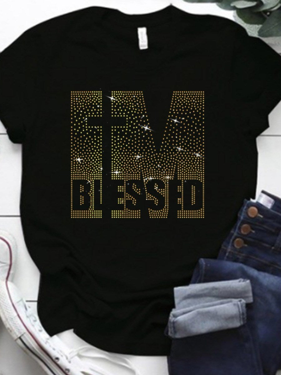 LW Plus Size Summer Women Round Neck Tee Tops Rhinestone Blessed Letter T-shirt  Casual Short Sleeve Crop Tops Sexy T-shirt