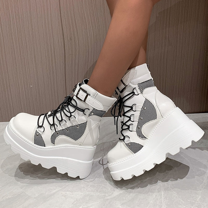 Platform Boots for Women 2023 Wedges Ankle Boots Pink Lace Up Fashion Party Gothic Boots Girls Punk Shoes Winter Women Shoes