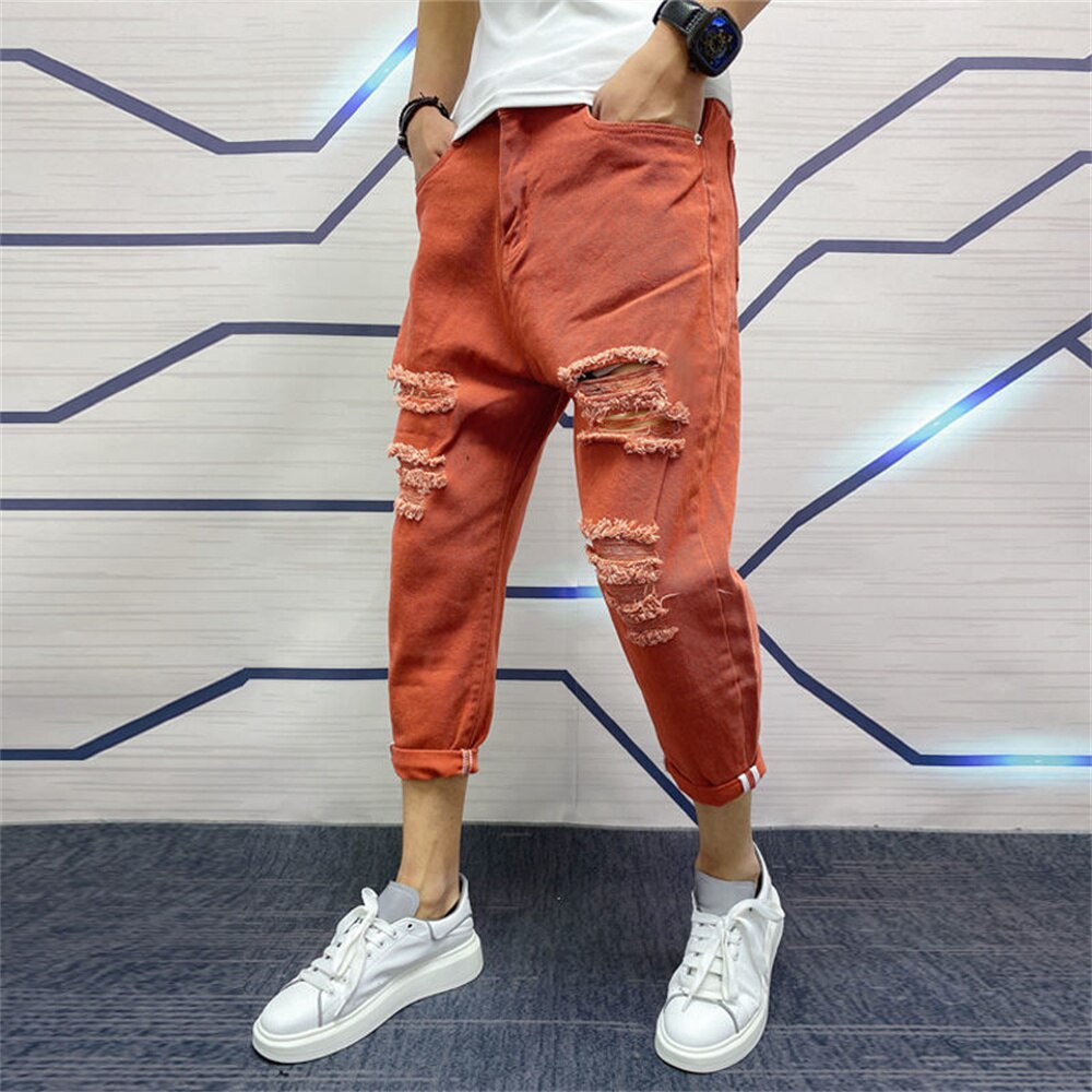 Japanese Trend New Men&#39;s Ripped Hole Jeans White Green Black Ankle Length Youth Fashion Loose Denim Harem Cargo Pants