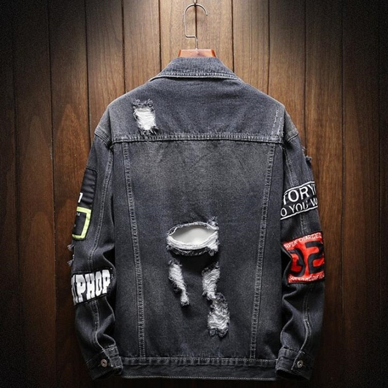 Male Jeans Coat Men Brand Denim Jacket Hip Hop Streetwear Punk Motorcycle Ripped Print Cowboy Outwear High Quality Casual Hole