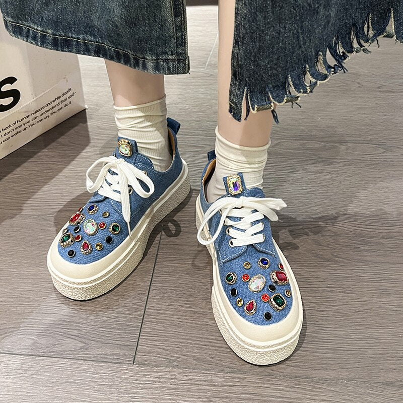 New Womens Round Toe Diamond Crystal Rainbow Colors Sneakers Flats Loafers Slip on Shoes Luxury Shoes Kawaii Shoes Zapatos Mujer