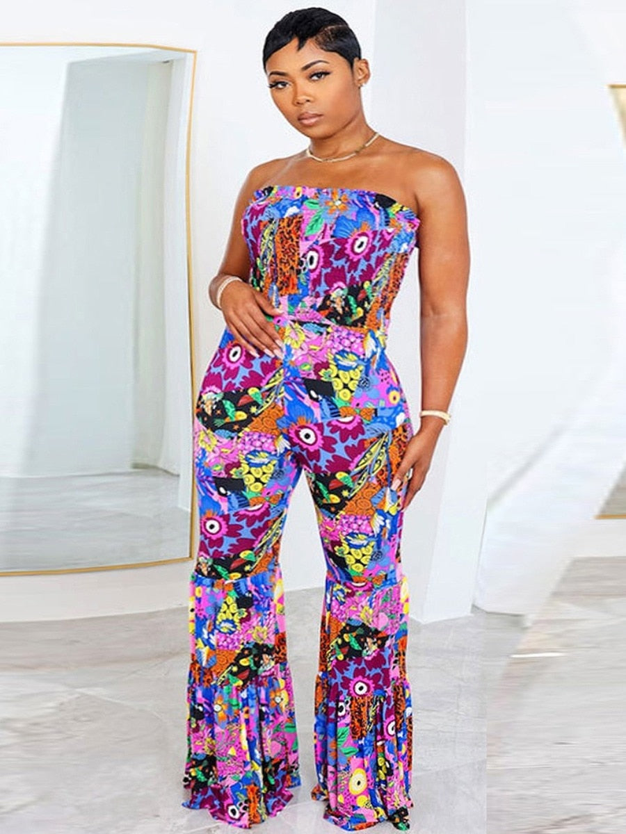 LW Plus Size Jumpsuit Off The Shoulder Mixed Print Flared Jumpsuit Summer Loose Jumpsuit Sexy Playsuit Overalls Streetwear