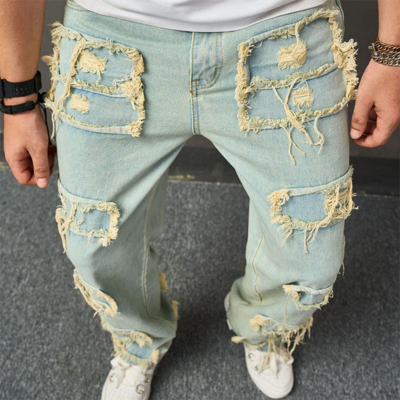 Men&#39;s Jeans Casual Loose Patchwork Jeans Hip Hop Punk Style Jeans Pants Play Skateboarding Street Personality Youth Jeans Pants