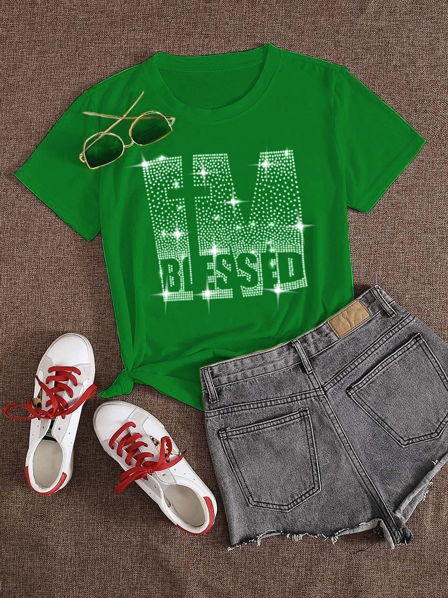 LW Plus Size Summer Women Round Neck Tee Tops Rhinestone Blessed Letter T-shirt  Casual Short Sleeve Crop Tops Sexy T-shirt