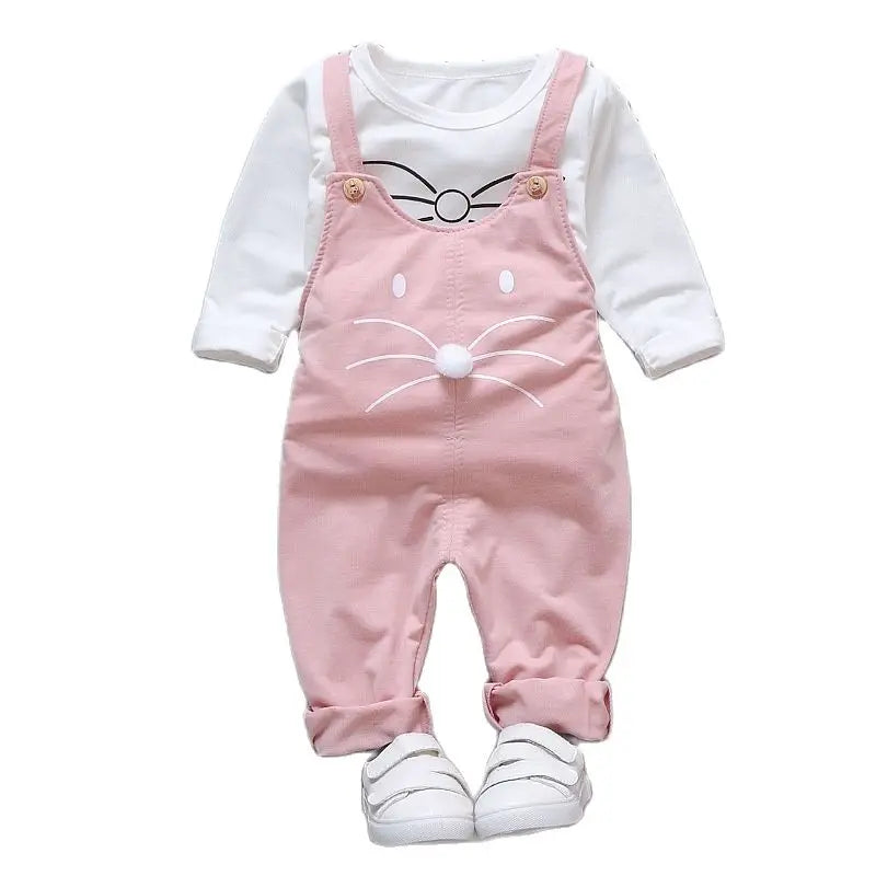 2023New Hot Spring Baby Girls Clothing Set Children Denim overalls jeans pants + Blouse Full Sleeve Twinset Kids Clothes Set