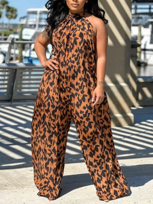 LW Plus Size Print Backless Wide Leg Jumpsuit Elegant Women Sleeveless Jumpsuits Long Rompers Fashion Bodysuit Jumpsuit Lady Out