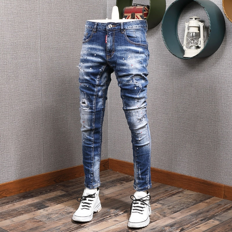 Fashion Streetwear Men Jeans Retro Black Blue Elastic Slim Fit Ripped Jeans Men Spliced Designer Embroidery Hip Hop Denim Pants