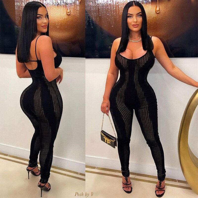 Spaghetti Straps Hollow Out Skinny Jumpsuits for Women Sexy Solid Low Neck Sleeveless Backless Stretch Slim 2023 Fitness Rompers