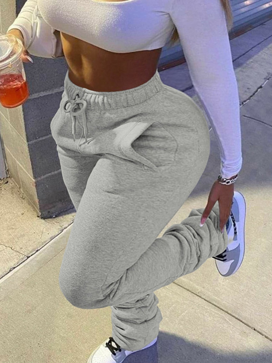 LW Plus Size Plain Pocket Sweatpants Mid Waist Drawstring Ruched Women Pants Stacked Trousers Sporty Casual Daily Bottoms