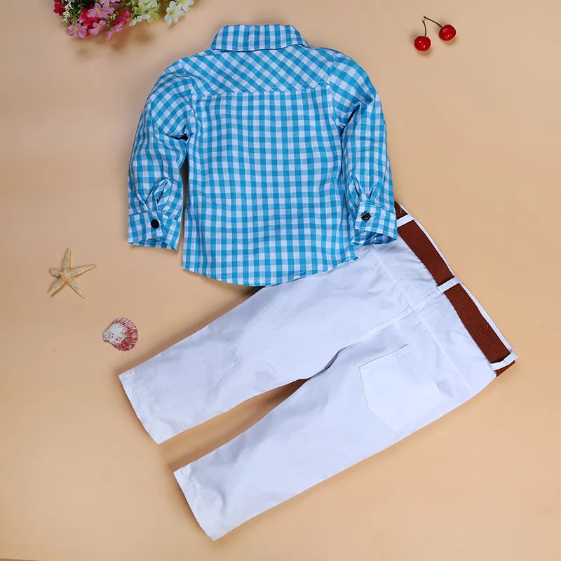 New Handsome Boys Clothing Set Long Sleeve Blue Plaid Shirt Suits Boys 3-pieces suit:Long sleeve plaid shirts+White pants+Belt