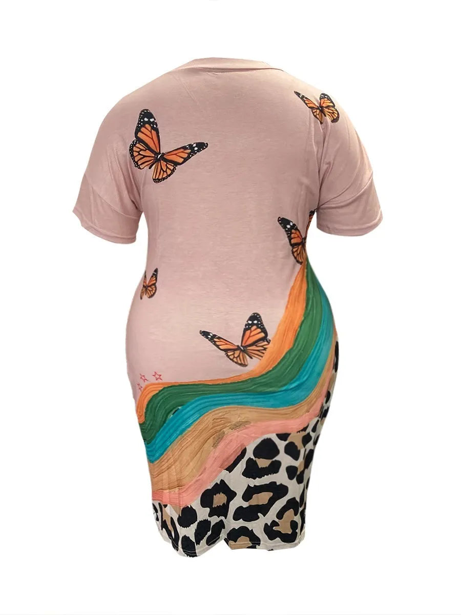 LW Plus Size Women Shirt Dress Leopard Butterfly Print Dress Summer Mini Dress Lady Casual Loose Irregular Beach Dress Vestidos