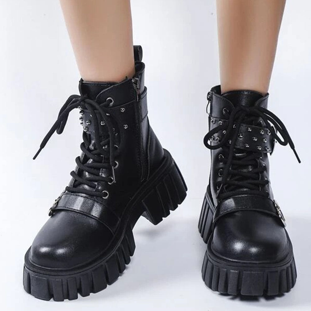 Women Black Lace Up Minimalist Side Zip Flat Artificial Microfiber Leather Combat Boots