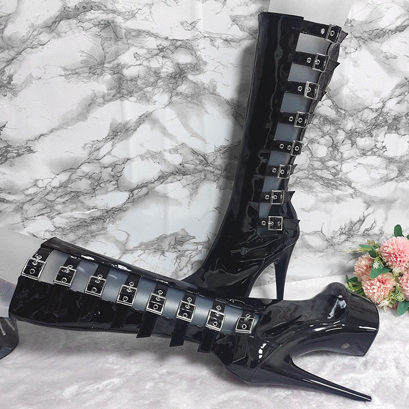 6 &quot;Sexy Buckle Ankle Women&#39;s Boots Gothic Party Concise High Stripe Heels Steel Tube Dance Shoes