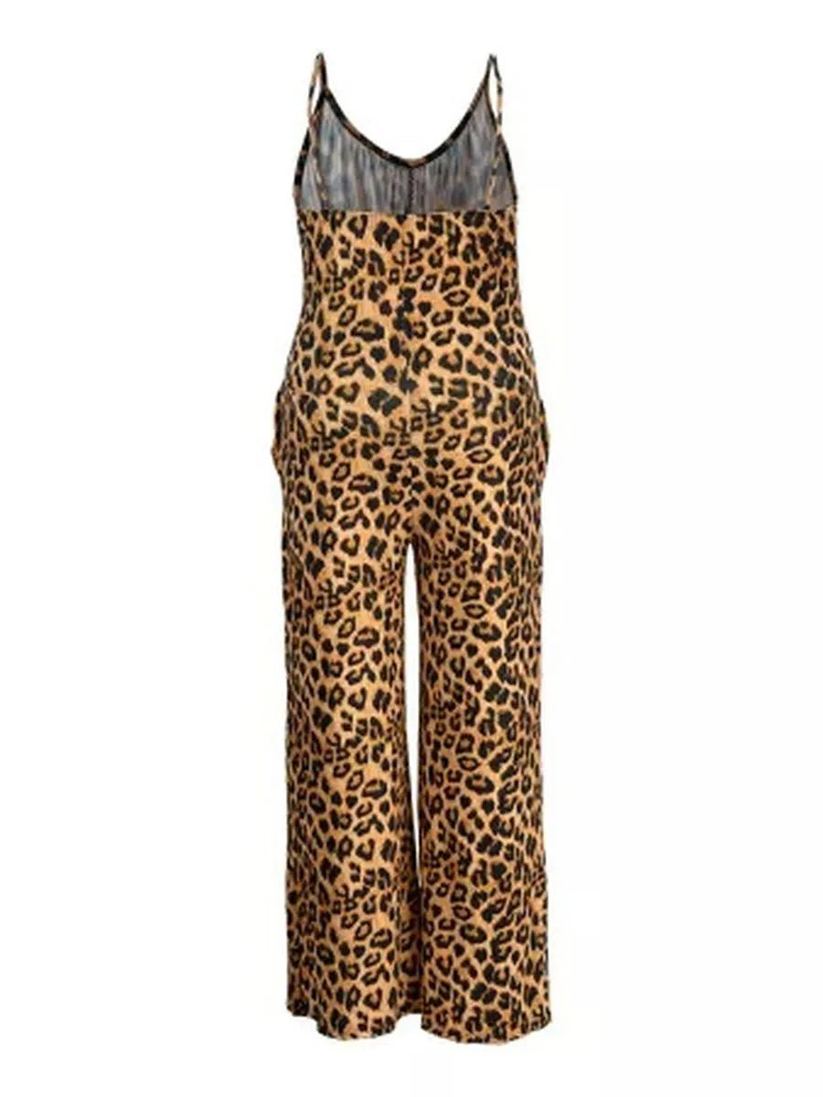 LW SXY Plus Size Jumpsuit Leopard Print Pocket Design Jumpsuit Patchwork Sleeveless Spaghetti Strap Women Elastic Summer Outfit