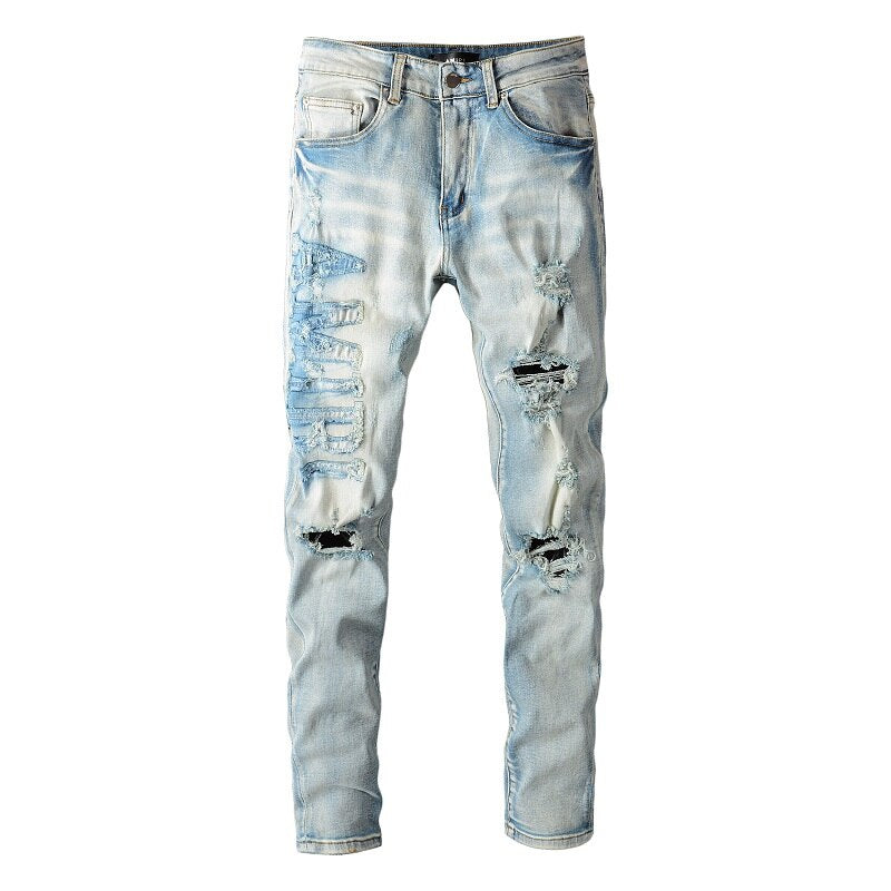 Men&#39;s High Quality Blue Slim Distressed Streetwear Embroidered Letters Pattern Damage Skinny Stretch Ripped Jeans Pants For Men