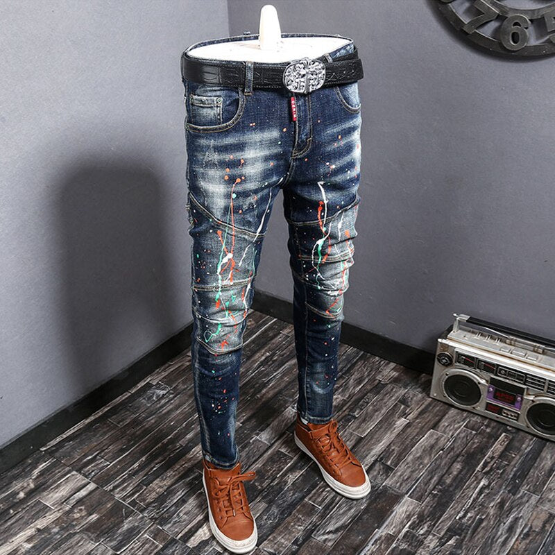 Fashion Streetwear Ripped Jeans Men Retro Blue Elastic Slim Fit Biker Jeans Homme Embroidery Designer Hip Hop Denim Pants Hombre