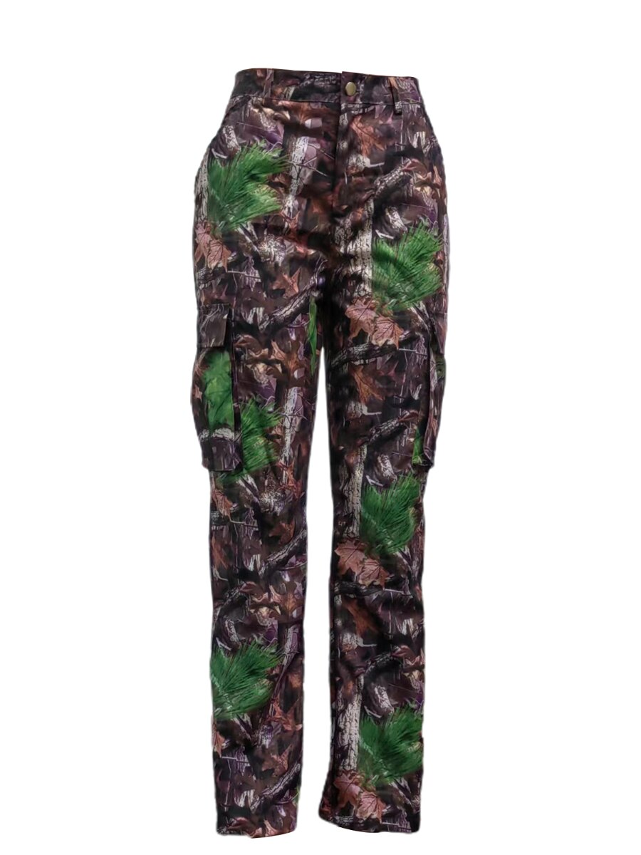 LW High-Waist Side Multicolor Pocket Design Camo Print Cargo Pants XS-5XL Leaf Print Straight Large Size Stretchy Mixed Printed