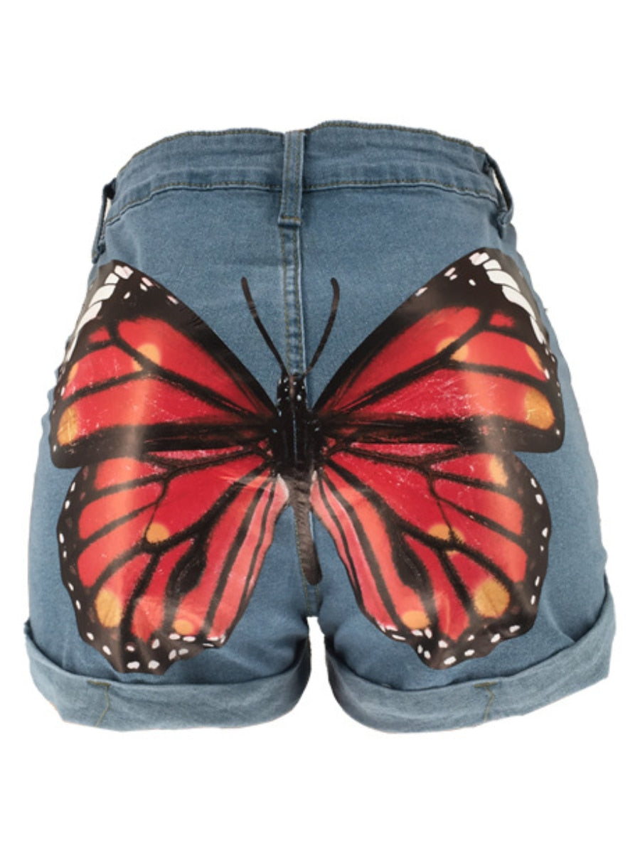 LW SXY Jeans Y2k High-Waist High Stretchy Butterfly Print Denim Shorts Zipper Fly Women Fashion Streetwears