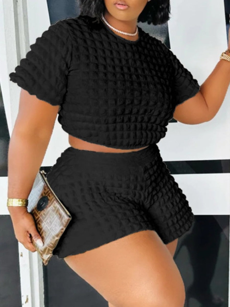 LW Plus Size summer two pieces set Crop Top Waffle Knit Shorts Set Women Summer Short Sleeve T-shirt &amp; shorts Women&#39;s Suits