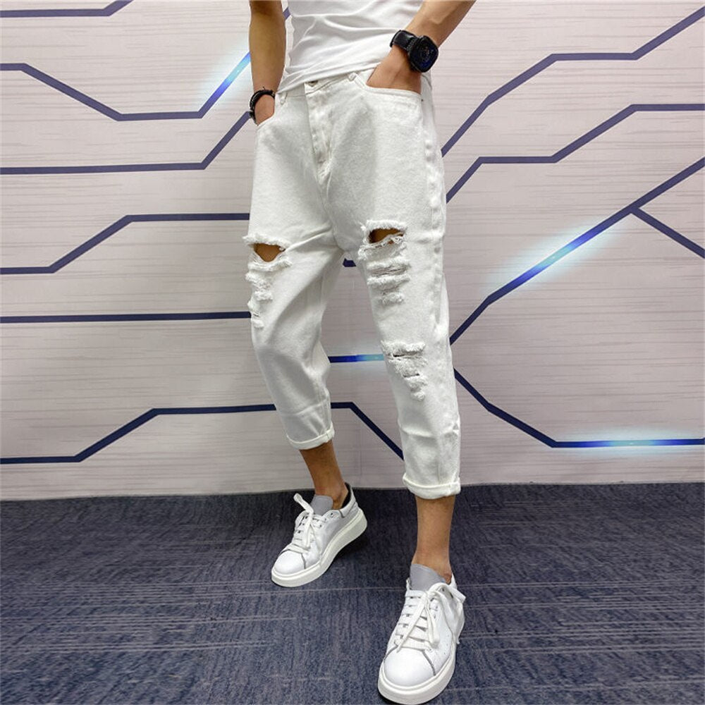 Japanese Trend New Men&#39;s Ripped Hole Jeans White Green Black Ankle Length Youth Fashion Loose Denim Harem Cargo Pants