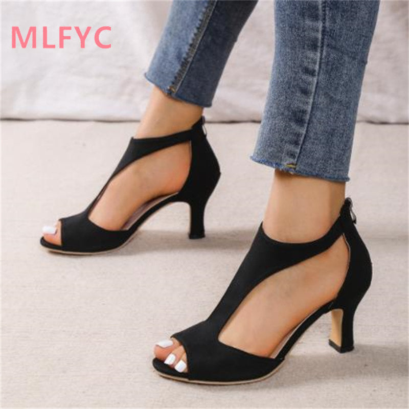 2023 new simple and fashionable back zipper fishmouth shoes women's summer side stiletto Roman sandals