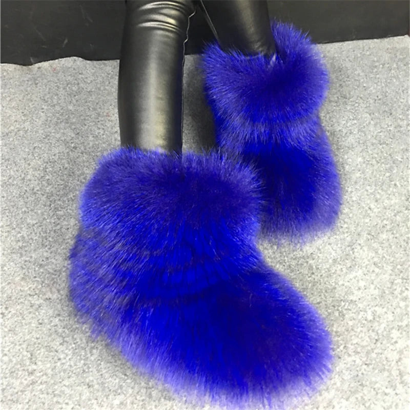 One Piece Fox Fur Women Snow Boots Blue Winter Warm Furry Botas Femininas Casual Botines Mujer Thick Sole Flat Shoes Woman White