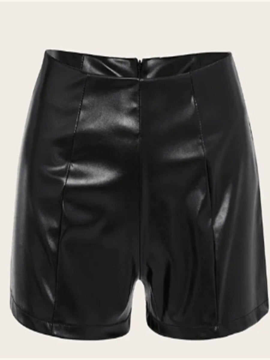 LW Basic High Waist Stretchy Shorts PU Straight Leg Sexy Solid Skinny Elastic-waist Leather Night Clubwear Women Trendy Pants