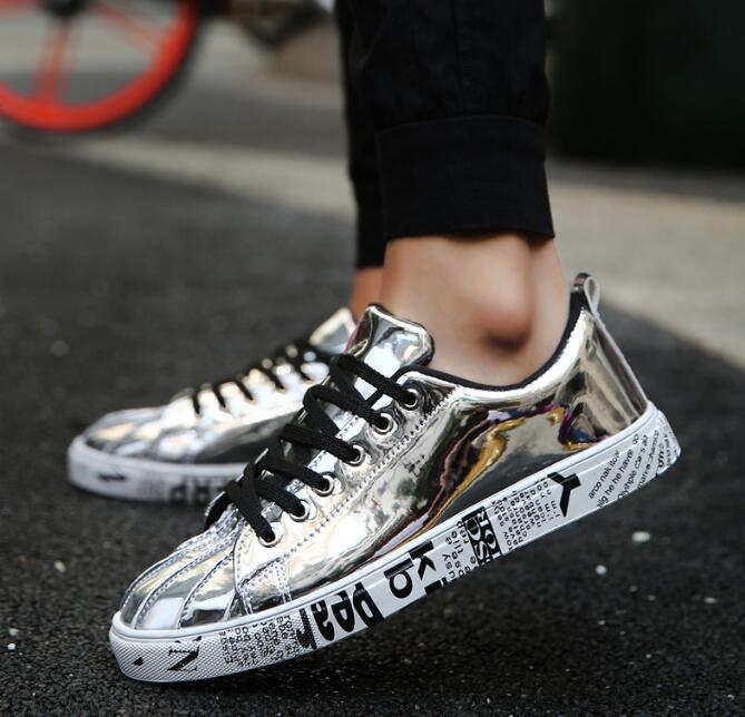 Men Shoes Fashiona Patent Leather Sneakers Tops Gold Silver Hip Hop Boots Glossy Lighted Brand Designer Shoes Flats Size 46