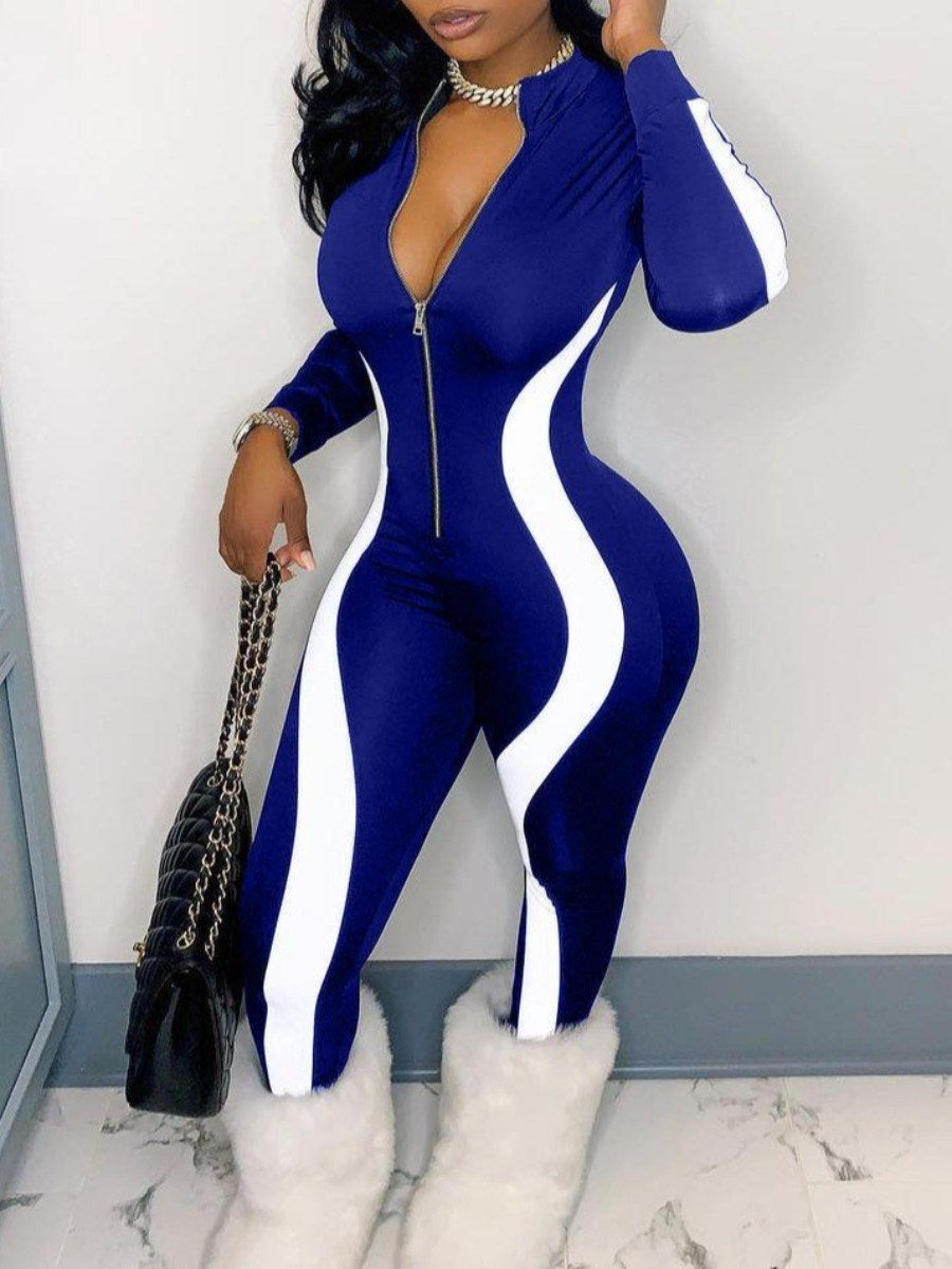 LW Plus Size Striped Zipper Design Jumpsuit Rompers Womens Jumpsuits Elegant Long Sleeve Overalls Night Party Zipper Playsuits