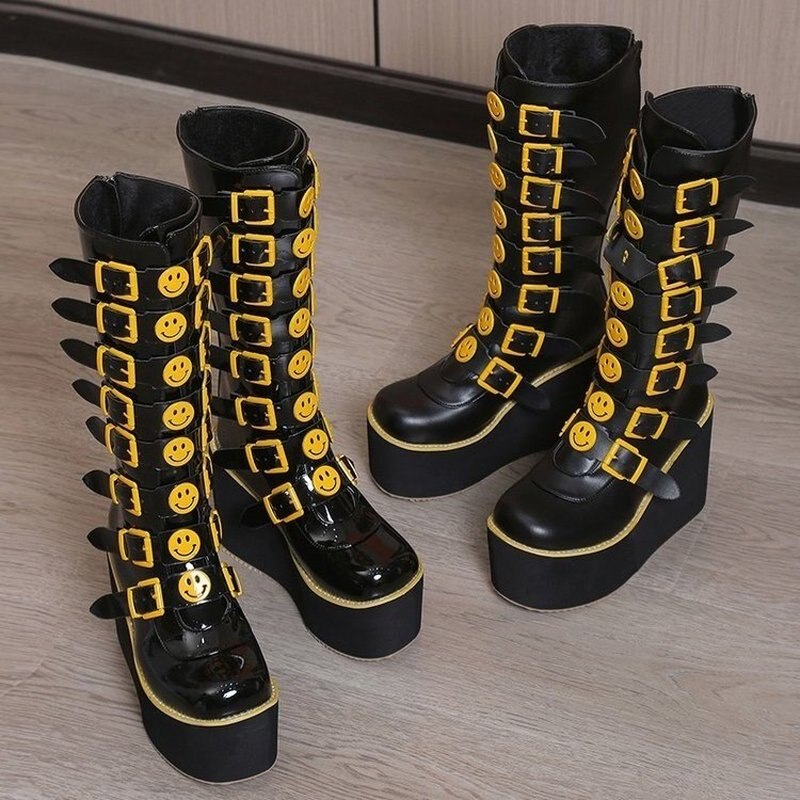 Plus Size 43 Black Gothic Vampire Halloween Cosplay Punk Buckle Street Platform Wedge High Heel Boots Women Shoes 2023