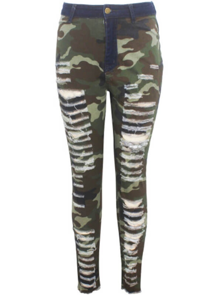 LW High Stretchy Broken Holes Camouflage Printed Jeans High-Waist Zipper Denim Street Pants Women Fashion Streetwears Trousers