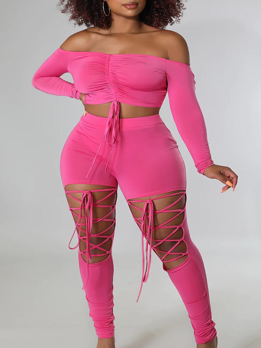 LW Plus Size Off The Shoulder Drawstring Cut Out Pants Set Two-pices Skinny Bateau Neck Long Sleeve sexy women&#39;s clothing