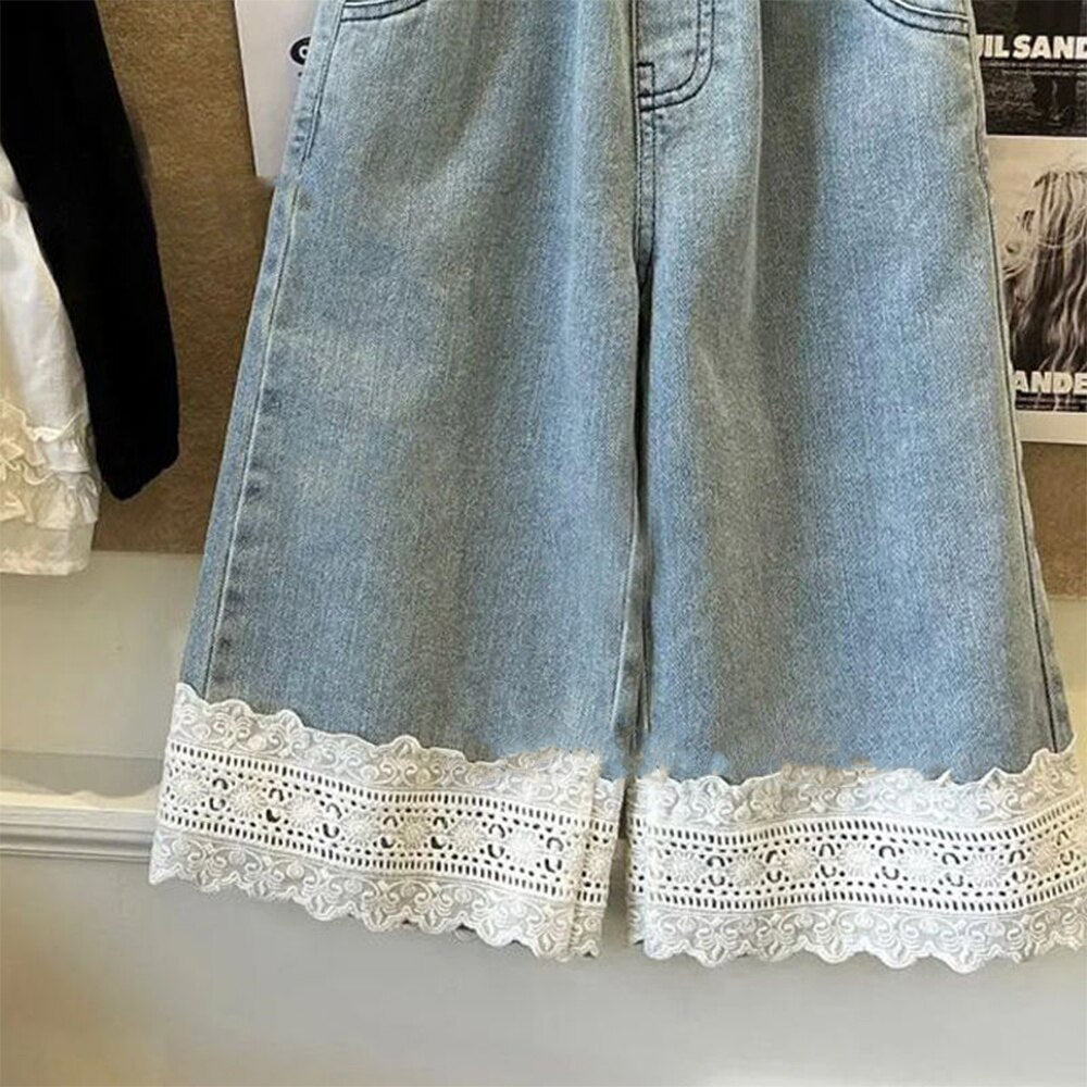 Bear Leader Girls Straight Lace Jeans Summer Children's Versatile Wide Leg Pants Sweet Casual Pants Fashion Girl Jeans Clothes