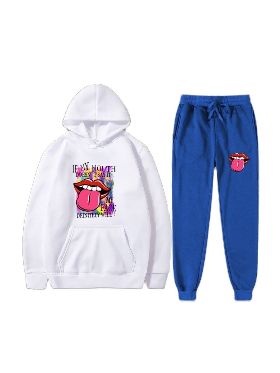 LW Women Outfit Letter Print Kangaroo Pocket Tracksuit Set Loose 2 Two Piece Set Streetwear Tracksuit Sweatshirt +Joggers Pants