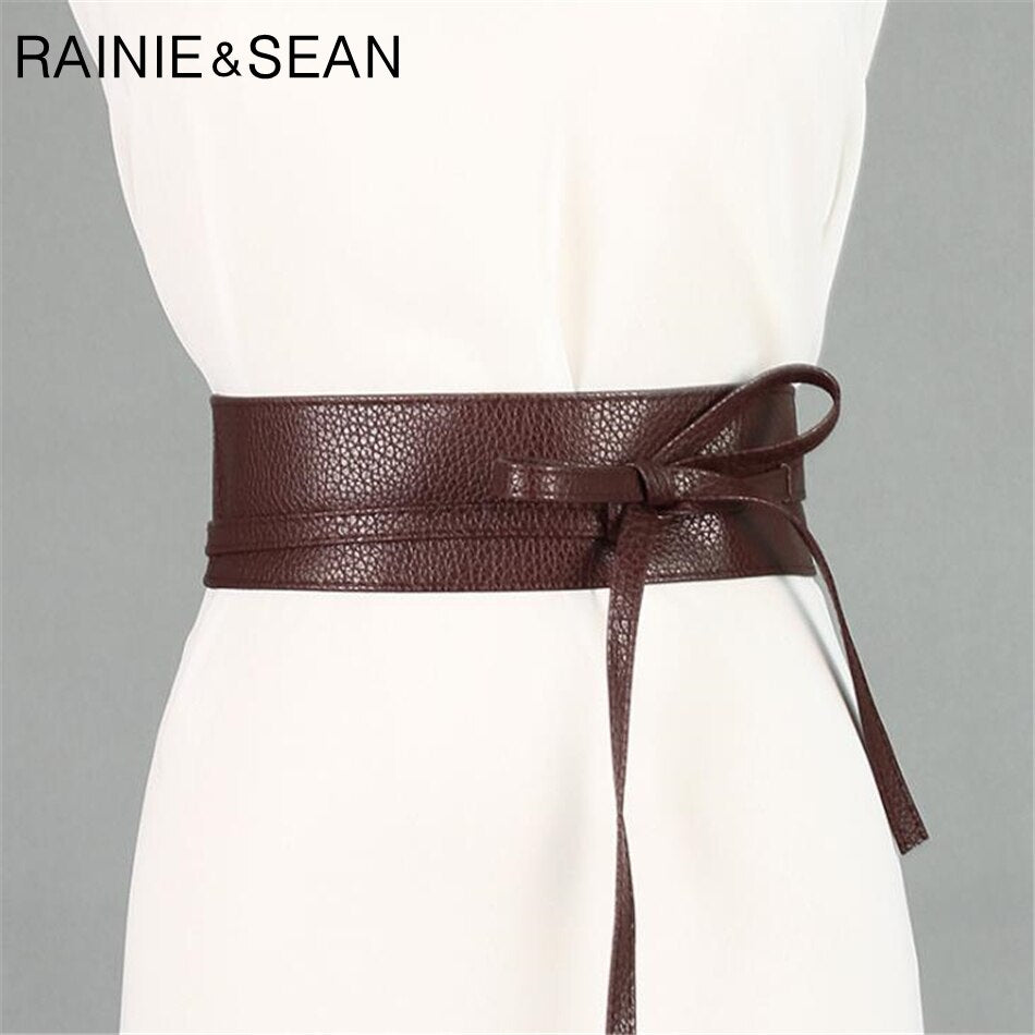 RAINIE SEAN Women Pu Leather Belt Soft Leather Wide Self Tie Wrap Wedding Designer Brand Ladies Belts For Dresses