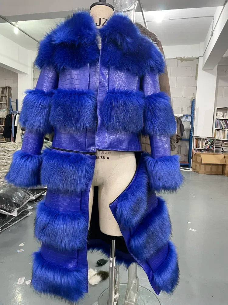 RR2831 Two Ways Wear Long Faux Fur Coats Women Stand Fur Collar Long Sleeve Fake Fox Fur Winter Jackets Women Waist Zipper