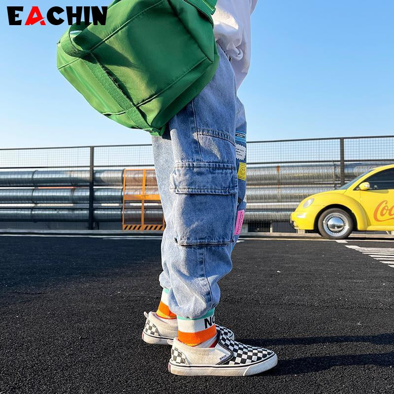 EACHIN Baby Boys Jeans 2023 New Fashion Patchwork Teen Boy Clothes Kids Denim Pants Toddler Sky Blue Jeans Children Casual Pants