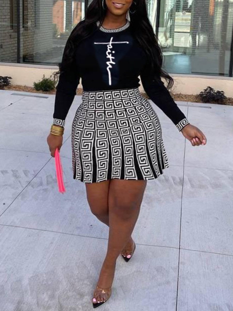 LW Plus Size Women Clothing Two Piece Outfits Letter Geometric Print Skirt Set Mini Skirt Set 2pcs women autumn suit